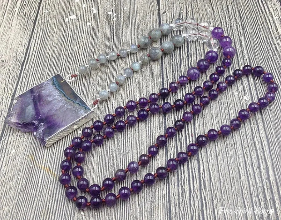 Natural Amethyst Druzy & Labradorite Stone Beaded Necklace