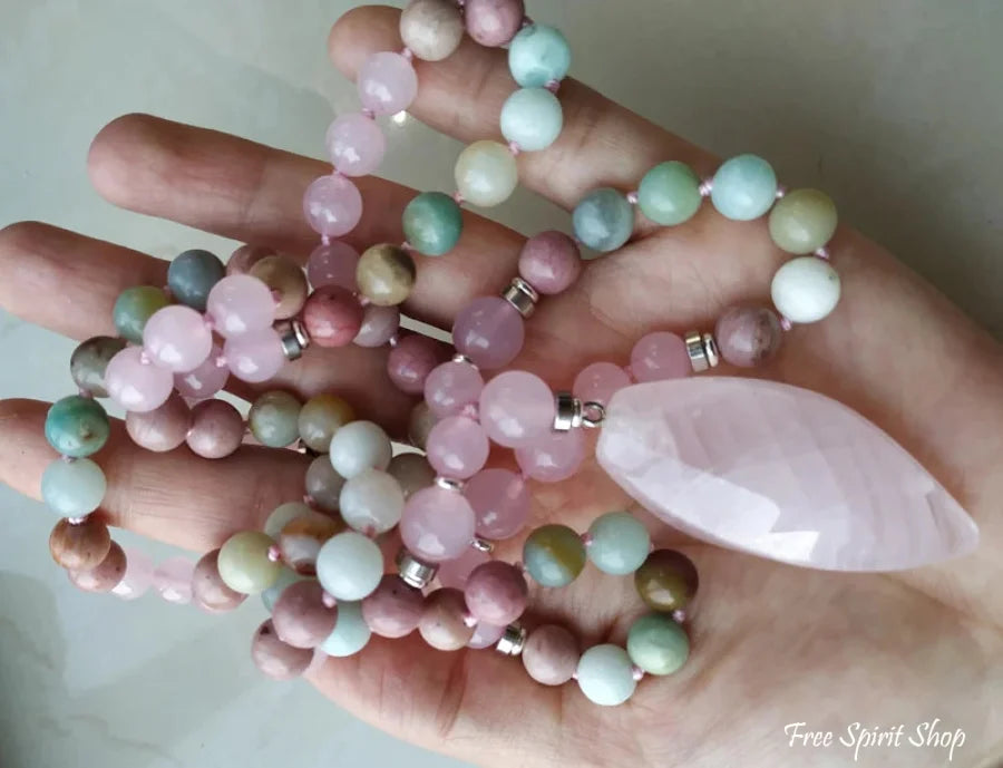 108 Natural Amazonite Rose Quartz & Rhodonite Mala Necklace