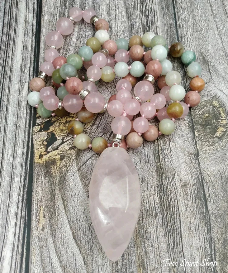 108 Natural Amazonite Rose Quartz & Rhodonite Mala Necklace