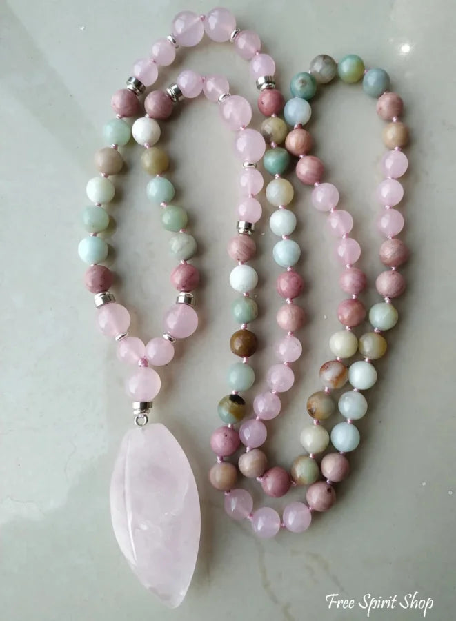 108 Natural Amazonite Rose Quartz & Rhodonite Mala Necklace