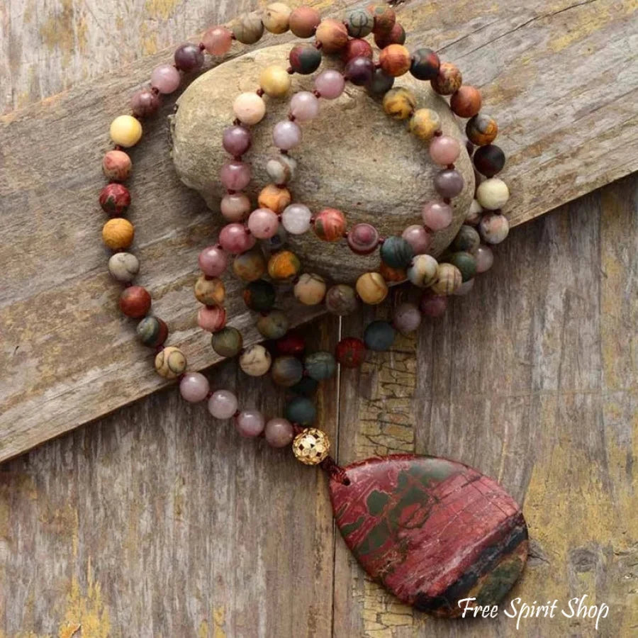 Natural Red Jasper & Pink Jade Beaded Necklace