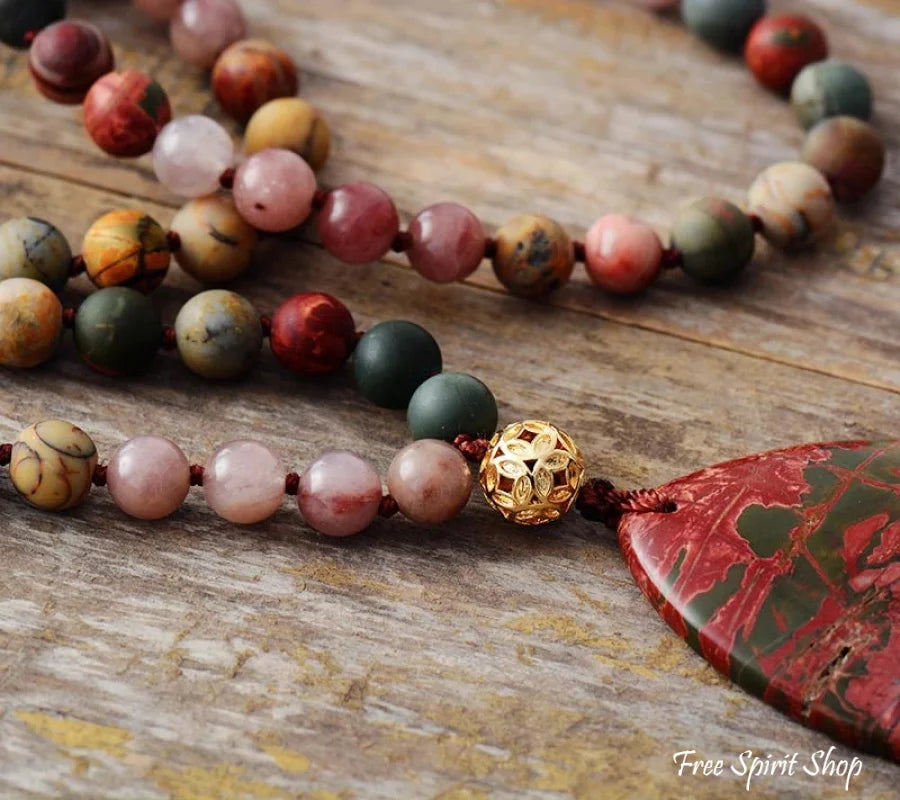 Natural Red Jasper & Pink Jade Beaded Necklace