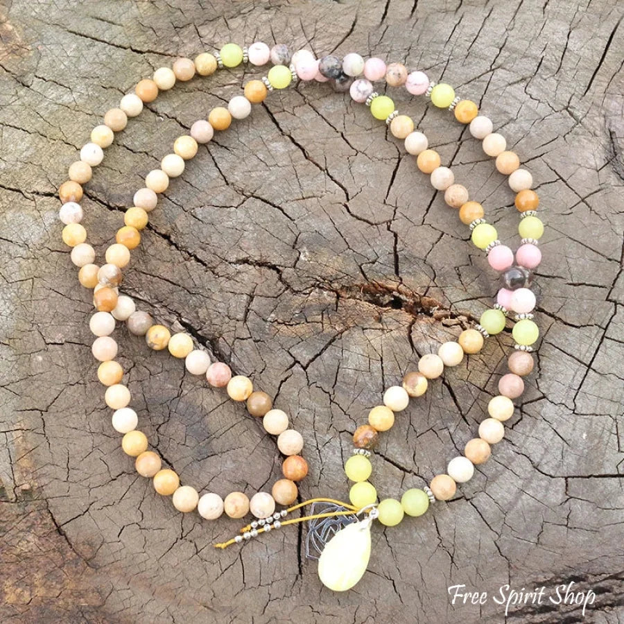 108 Olive Jade Sunstone & Pink Opal Mala Bead Necklace / Bracelet