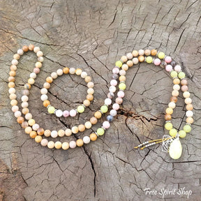 108 Olive Jade Sunstone & Pink Opal Mala Bead Necklace / Bracelet