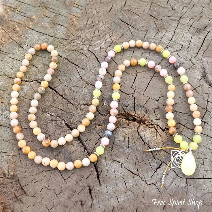 108 Olive Jade Sunstone & Pink Opal Mala Bead Necklace / Bracelet