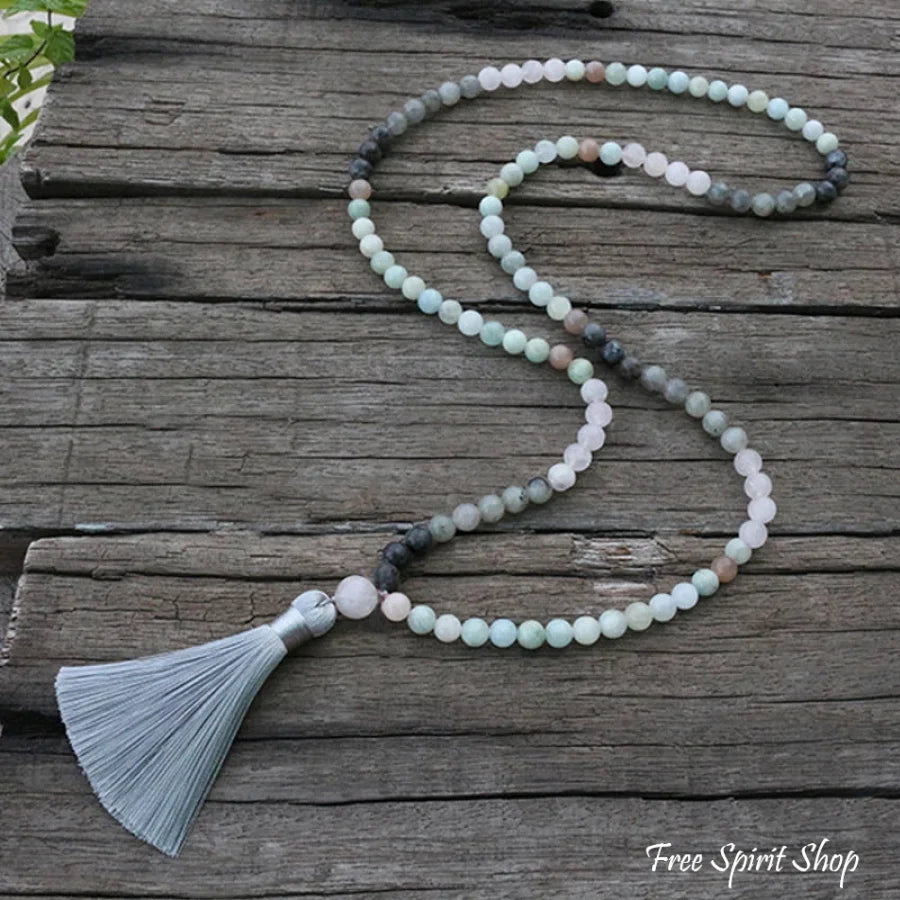 108 Natural Amazonite Labradorite Aquamarine & Rose Quartz Mala Necklace / Bracelet