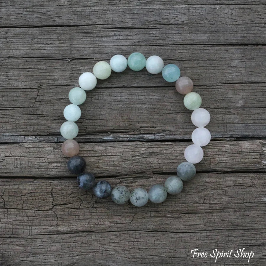 108 Natural Amazonite Labradorite Aquamarine & Rose Quartz Mala Necklace / Bracelet