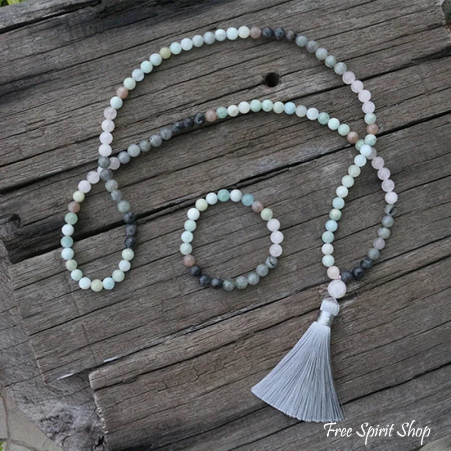 108 Natural Amazonite Labradorite Aquamarine & Rose Quartz Mala Necklace / Bracelet