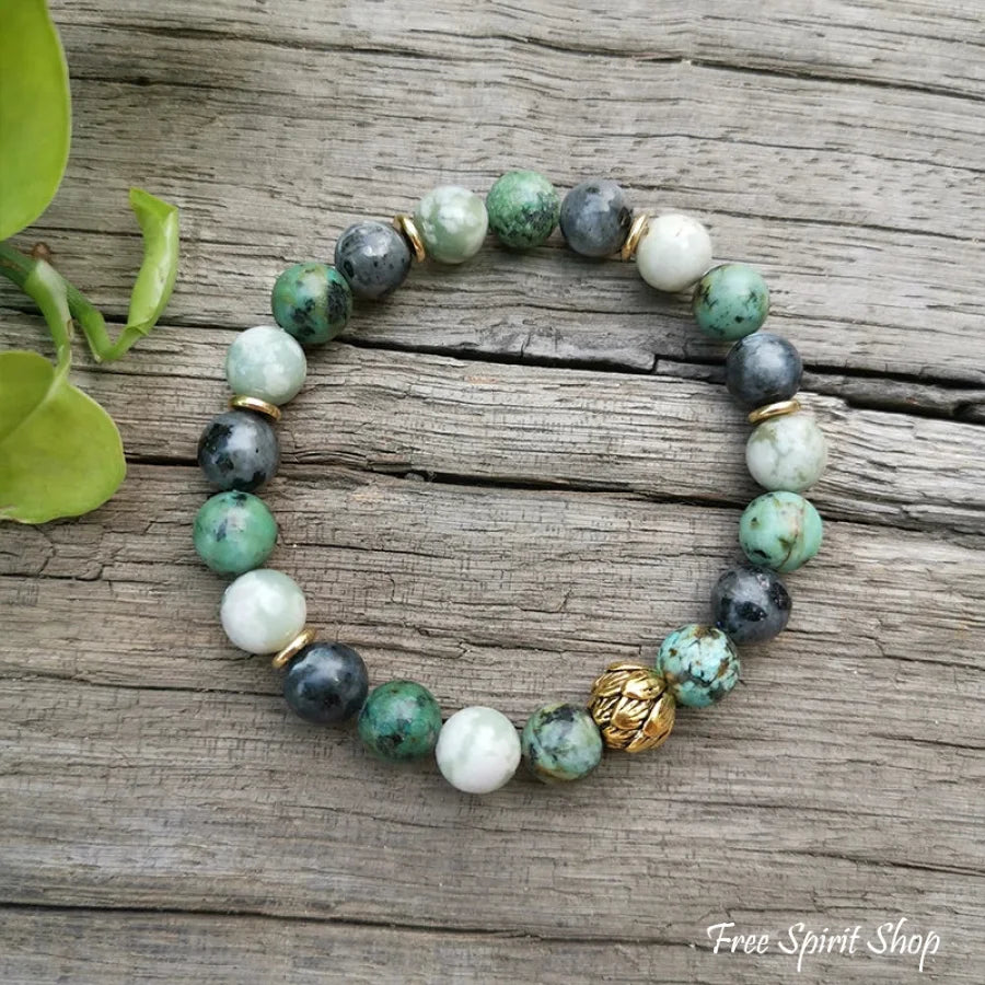 108 Natural African Turquoise Labradorite & Green Jade Mala Necklace / Bracelet