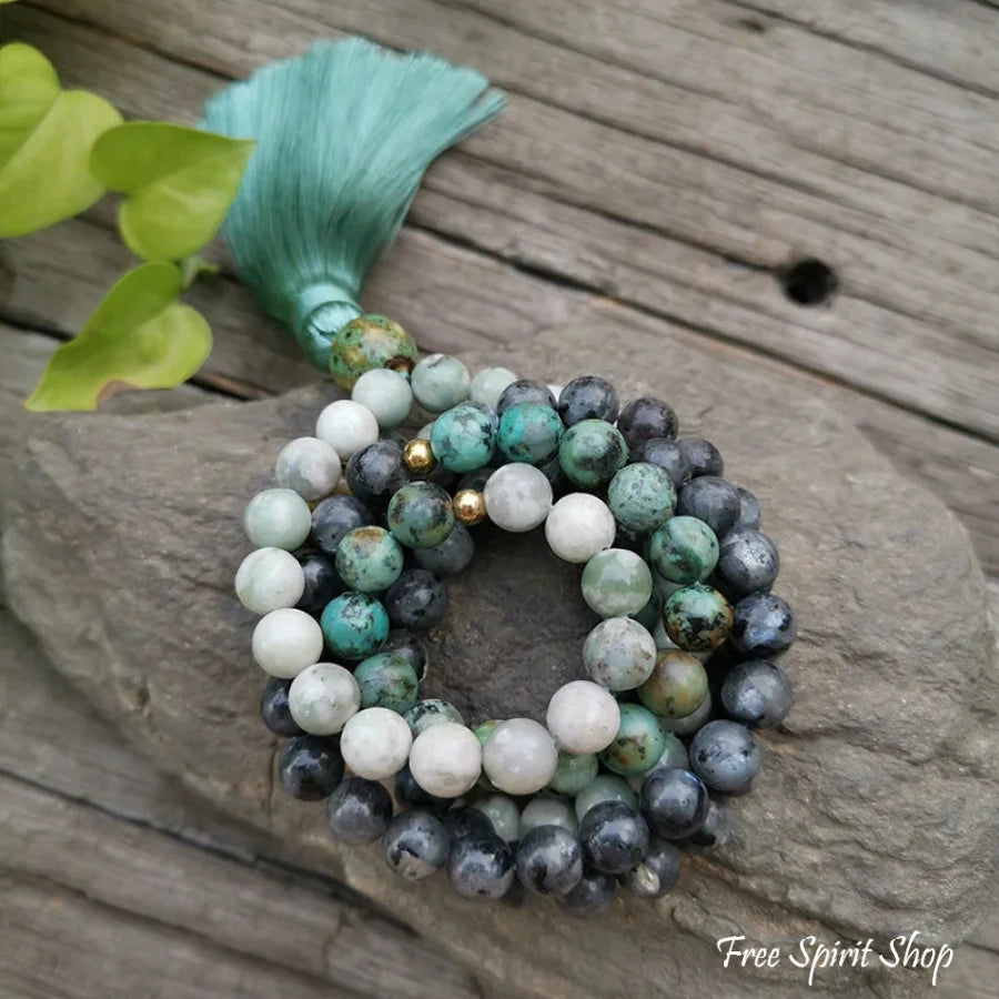 108 Natural African Turquoise Labradorite & Green Jade Mala Necklace / Bracelet