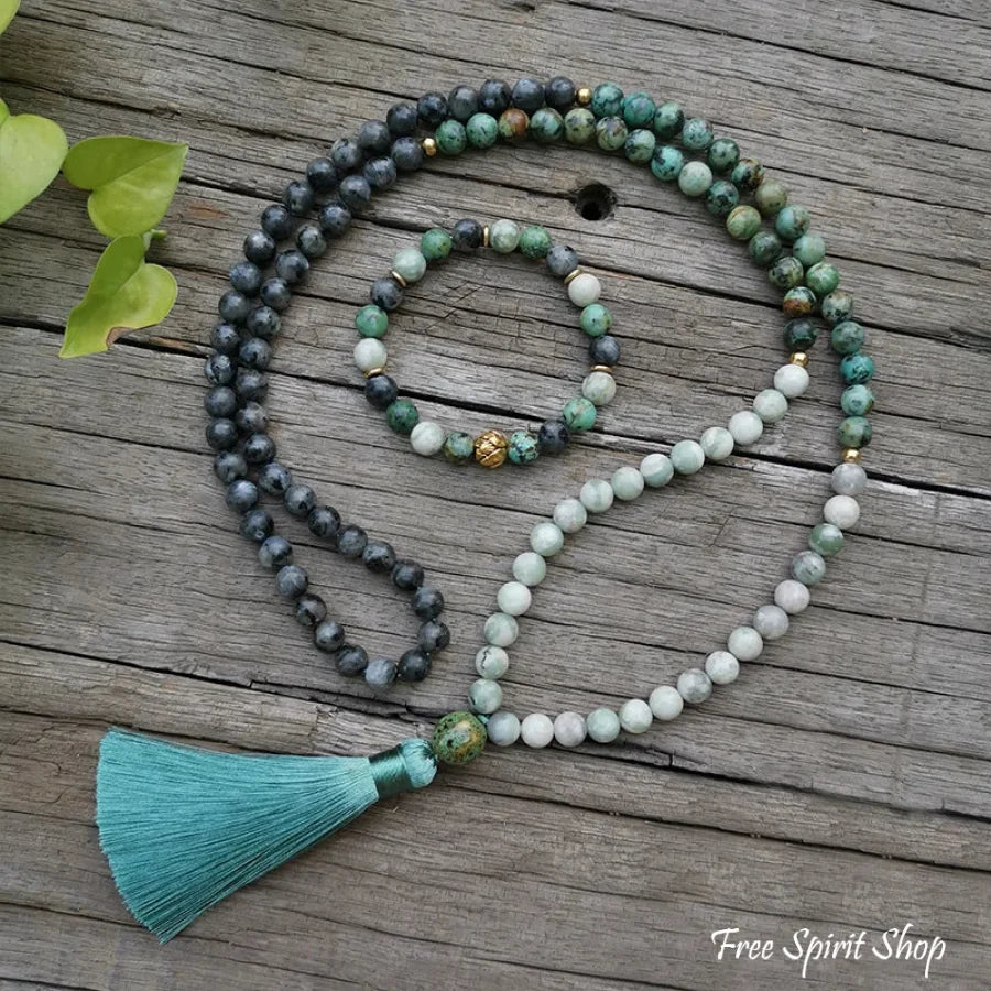 108 Natural African Turquoise Labradorite & Green Jade Mala Necklace / Bracelet