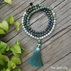 108 Natural African Turquoise Labradorite & Green Jade Mala Necklace / Bracelet