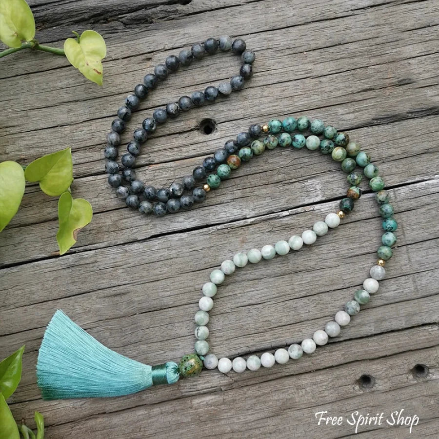 108 Natural African Turquoise Labradorite & Green Jade Mala Necklace / Bracelet