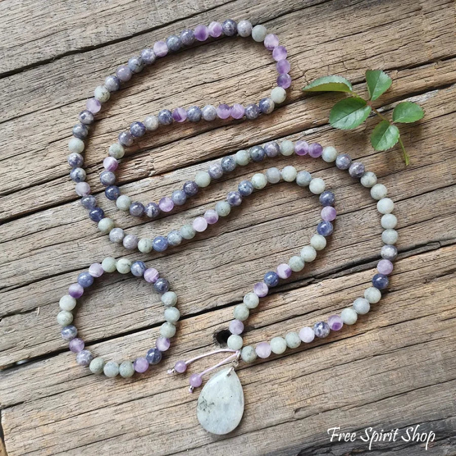 108 Natural Cordierite Amethyst & Labradorite Mala Bead Necklace