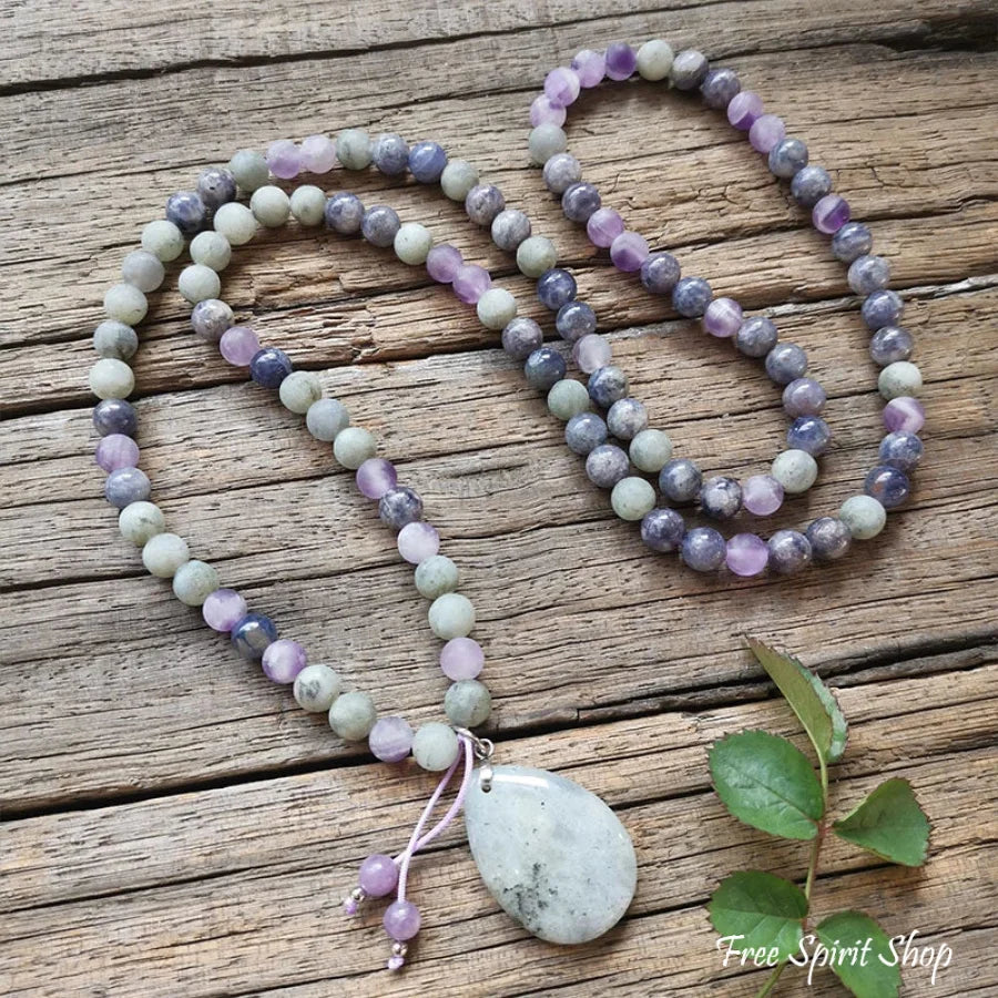 108 Natural Cordierite Amethyst & Labradorite Mala Bead Necklace