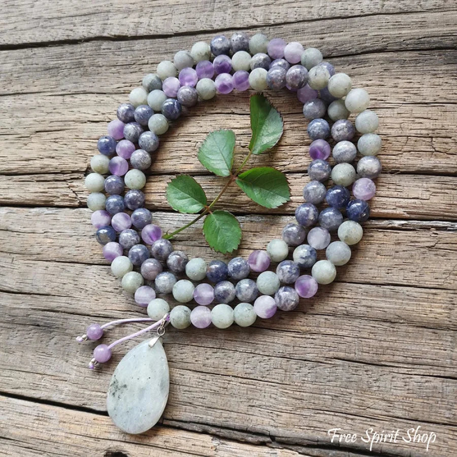 108 Natural Cordierite Amethyst & Labradorite Mala Bead Necklace