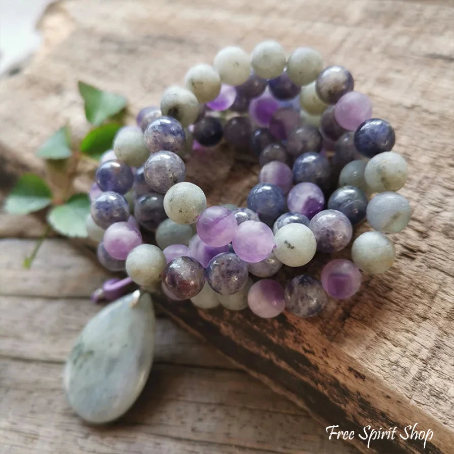 108 Natural Cordierite Amethyst & Labradorite Mala Bead Necklace