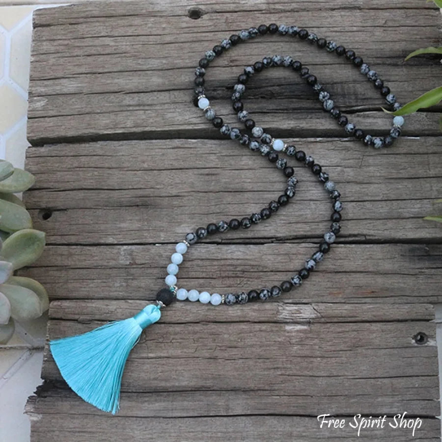 108 Natural Obsidian Snowflake, Aquamarine & Lava Stone Mala Prayer Beads