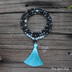 108 Natural Obsidian Snowflake, Aquamarine & Lava Stone Mala Prayer Beads