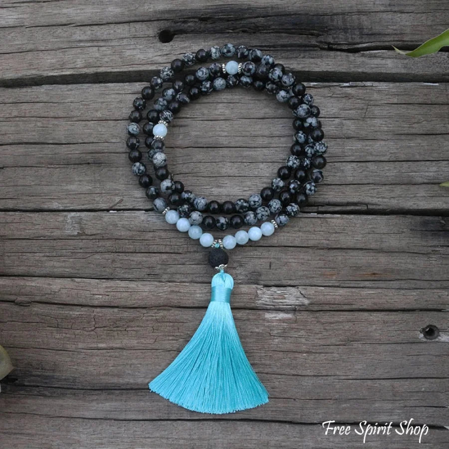 108 Natural Obsidian Snowflake, Aquamarine & Lava Stone Mala Prayer Beads