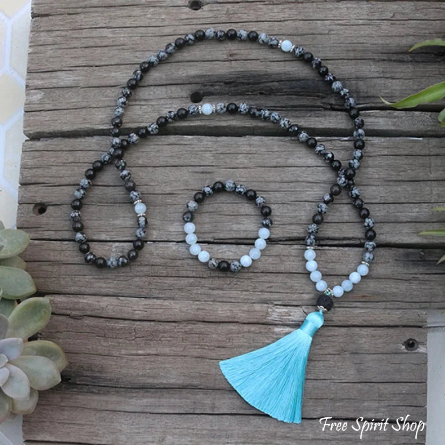 108 Natural Obsidian Snowflake, Aquamarine & Lava Stone Mala Prayer Beads