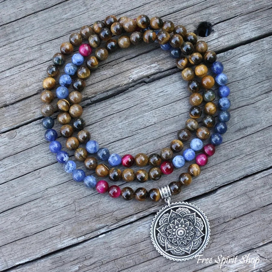 108 Tiger Eye & Sodalite Mala Bead Necklace / Bracelet