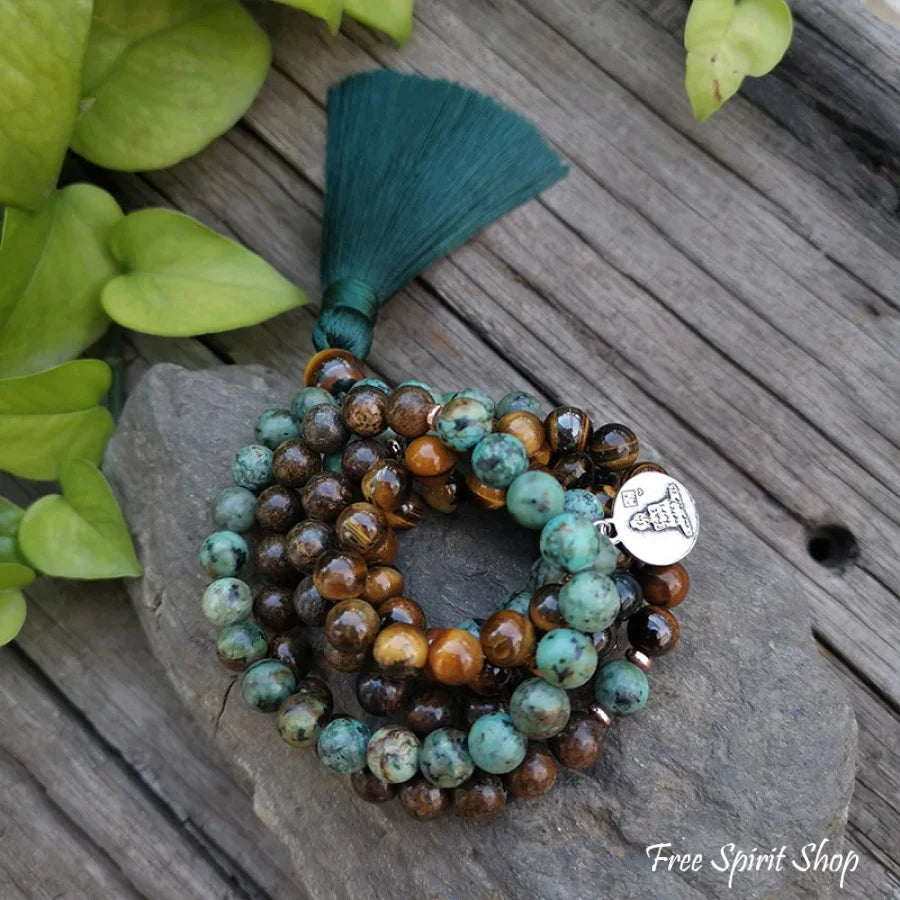 108 Natural Tiger Eye Bronzite & African Turquoise Mala Beads