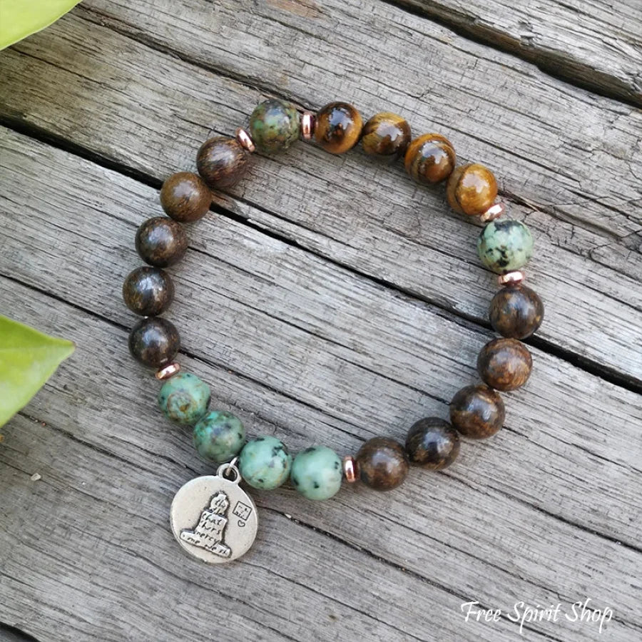 108 Natural Tiger Eye Bronzite & African Turquoise Mala Beads