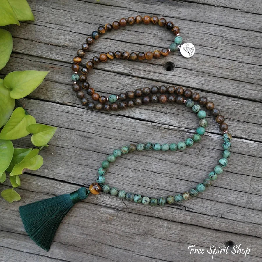 108 Natural Tiger Eye Bronzite & African Turquoise Mala Beads