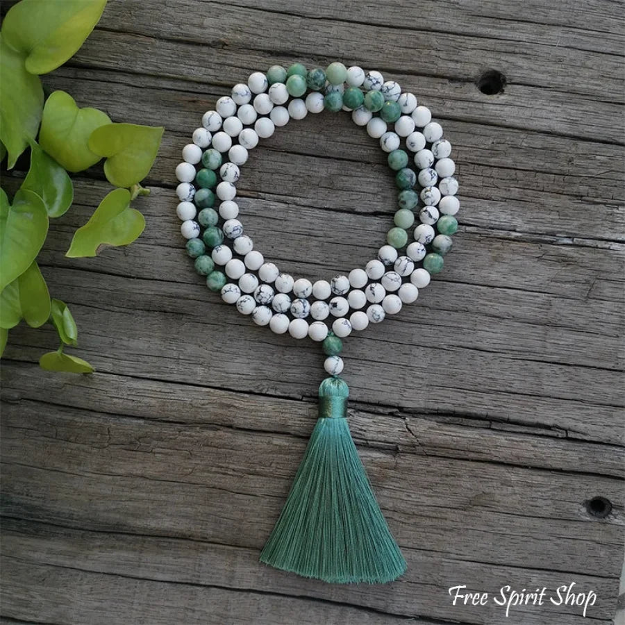 108 Natural Howlite & Green Jasper Mala Bead Necklace & Bracelet