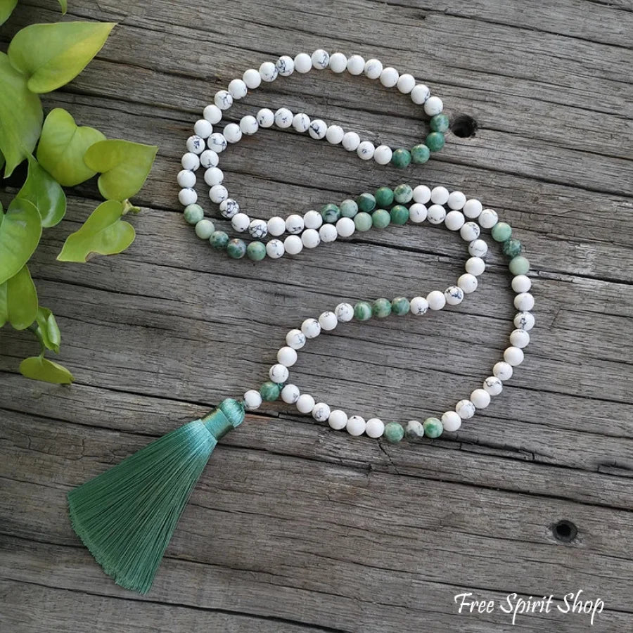 108 Natural Howlite & Green Jasper Mala Bead Necklace & Bracelet