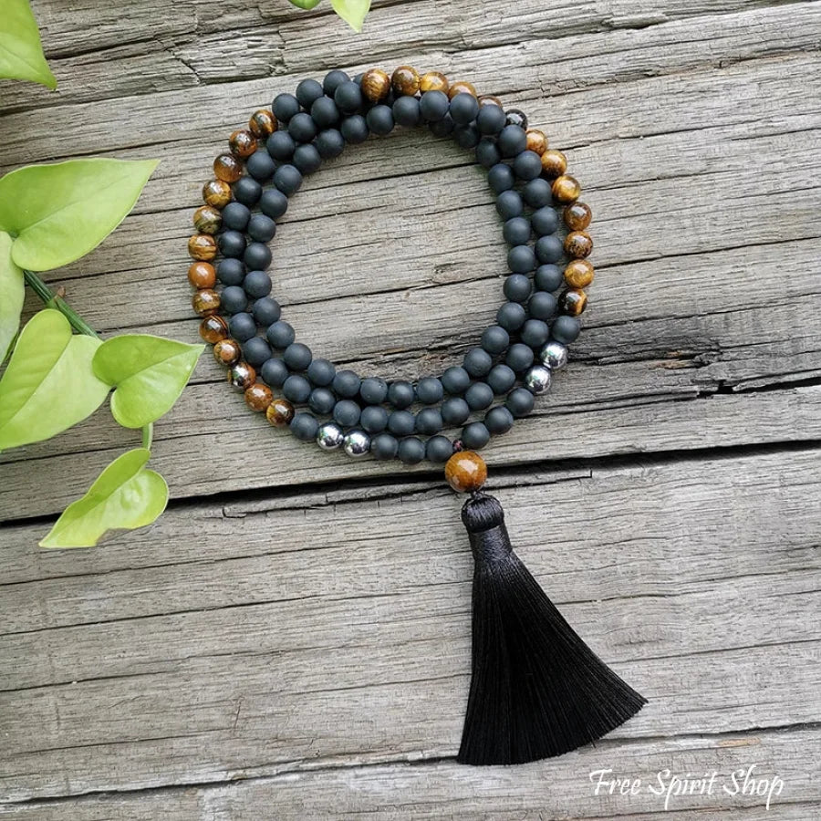 108 Tiger Eye & Matte Black Onyx Mala Bead Necklace