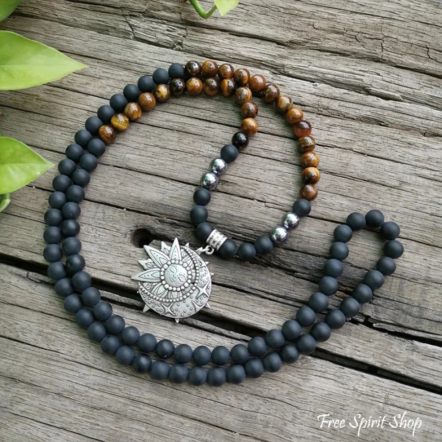 108 Tiger Eye & Matte Black Onyx Mala Bead Necklace