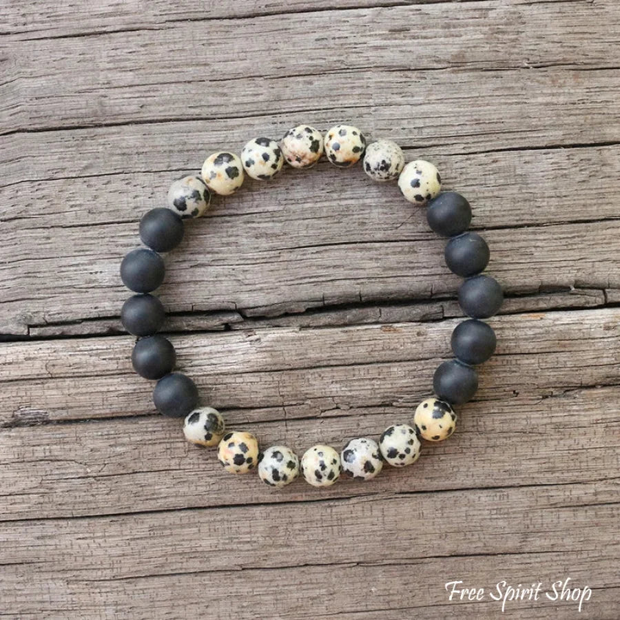 108 Natural Dalmatian Jasper Black Onyx & Lava Stone Mala Beads / Bracelet