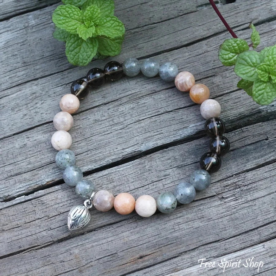 108 Natural Sunstone Labradorite & Smoky Quartz Mala Beads