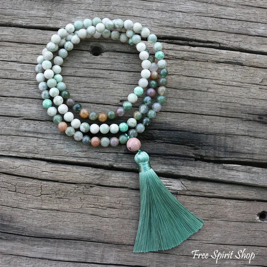 108 Lucky Jasper & Indian Agate Mala Beads Necklace/ Bracelet