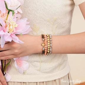 Golden Earthy Glow Beaded Fitbit Watch Band With Gold Clover Charms