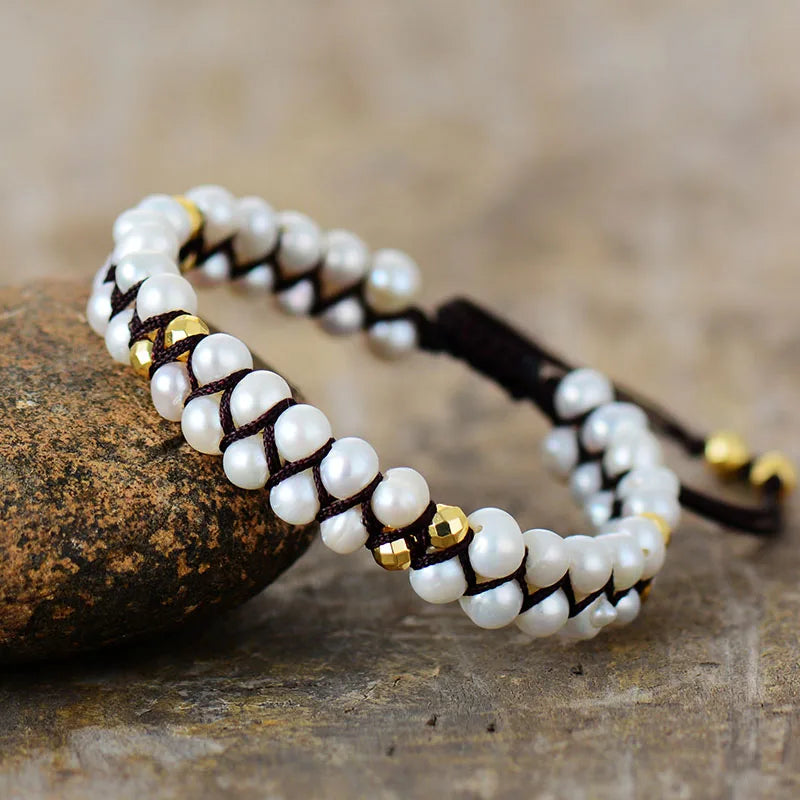 Freshwater Pearl Double Row Macrame Bracelet