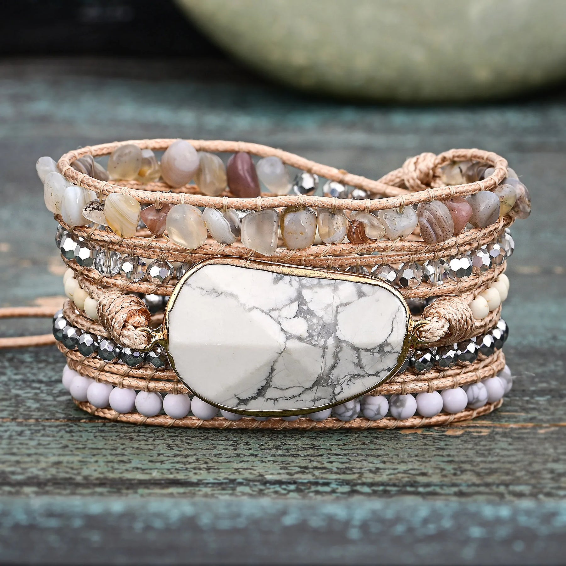 White Howlite & Botswana Agate Bead Wrap Bracelet