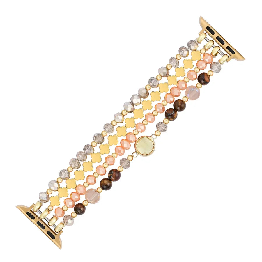 Golden Earthy Glow Beaded Fitbit Watch Band With Gold Clover Charms