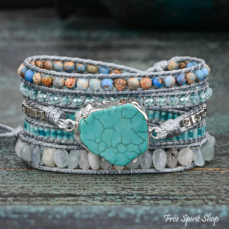 Natural Aquamarine & Turquoise Howlite Slice Wrap Bracelet Jewelry > Gemstone Bead