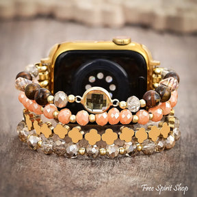 Golden Earthy Glow Beaded Fitbit Watch Band With Gold Clover Charms