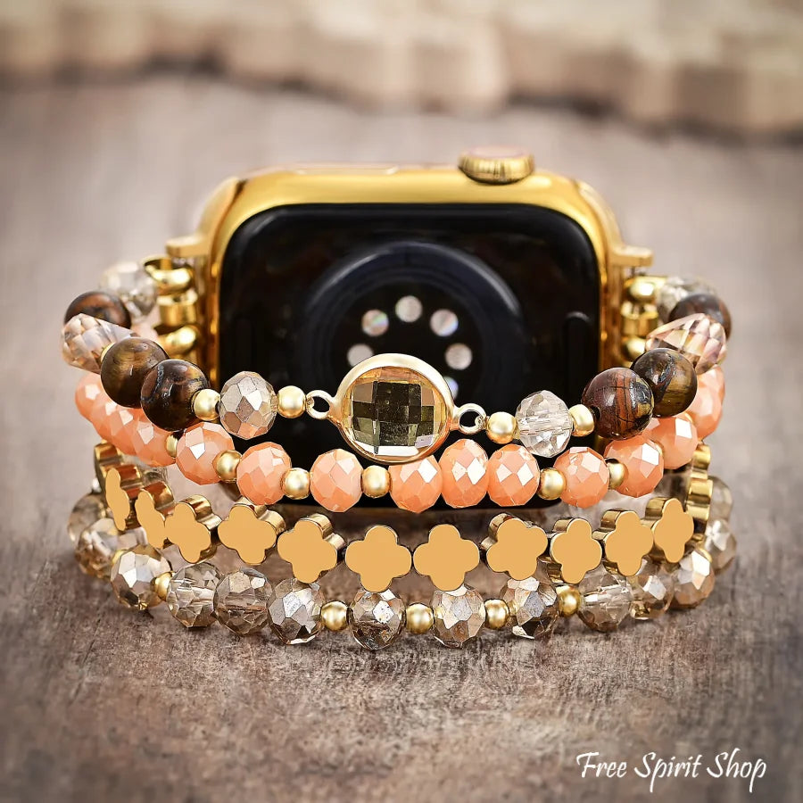 Golden Earthy Glow Beaded Fitbit Watch Band With Gold Clover Charms
