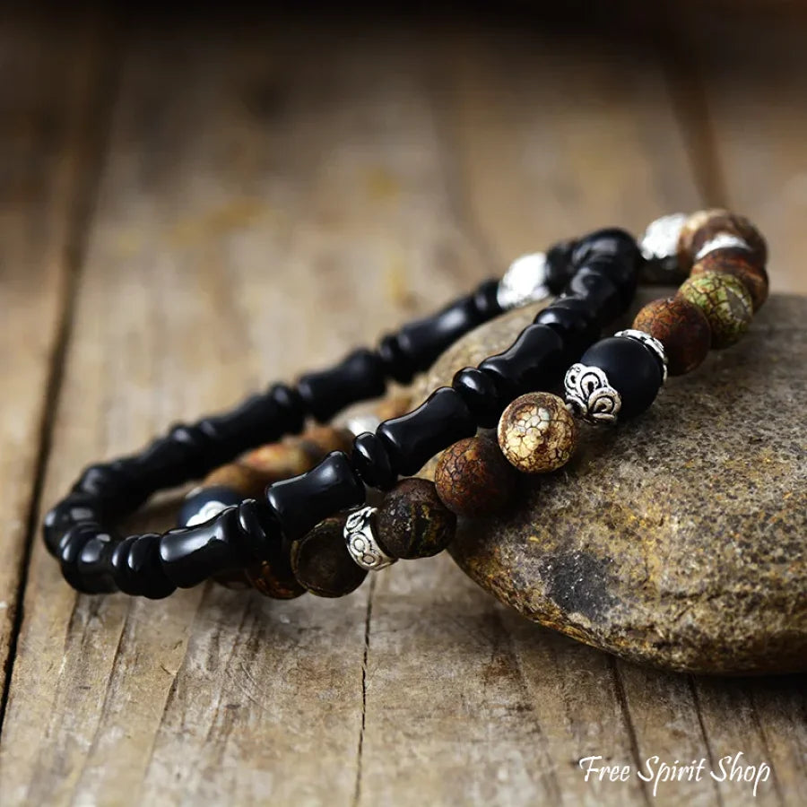 Natural Black Onyx & Picture Jasper Bracelet Set Jewelry > Gemstone Bead