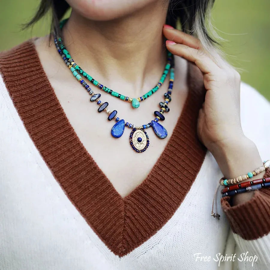 Handmade Lapis Lazuli & Blue Jasper Sun Pendant Necklace Necklace > Gemstone