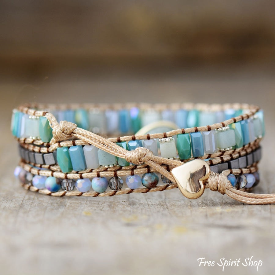 Natural Amazonite Drop & Crystal Bead Wrap Bracelet