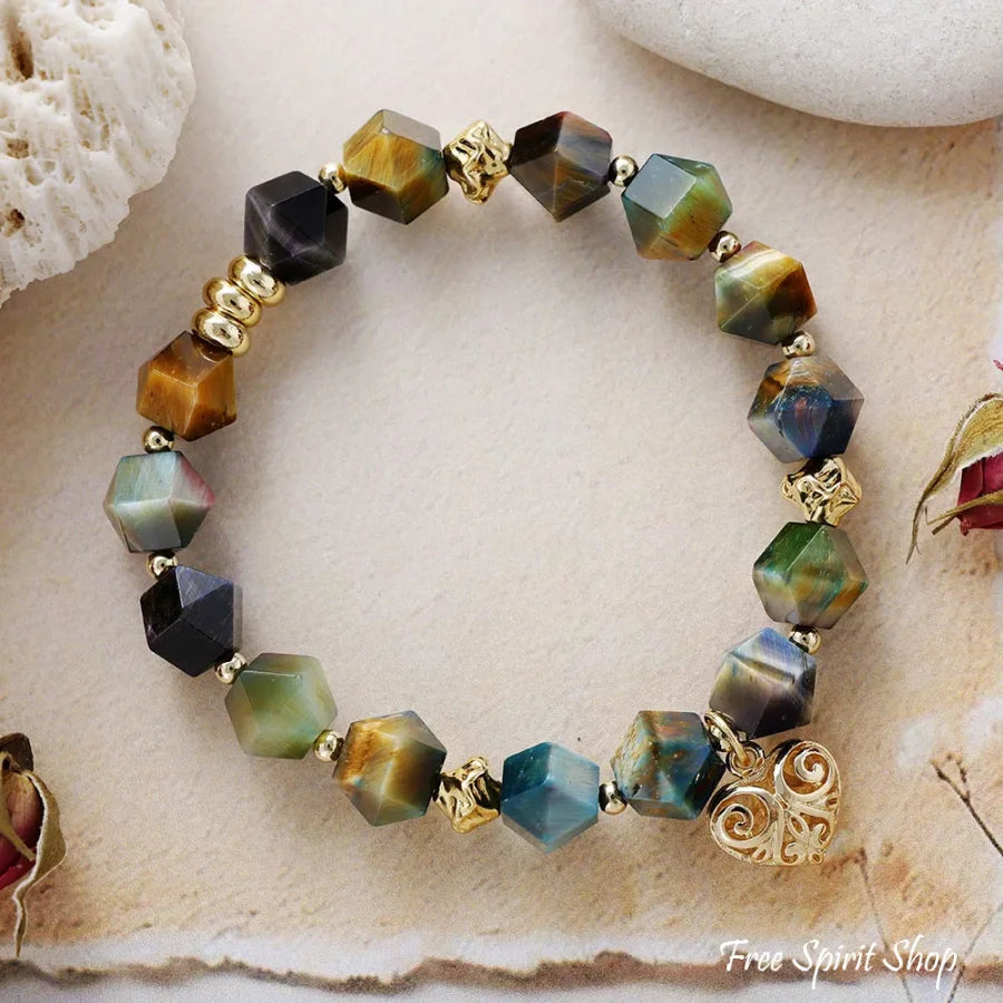 Tiger’s Eye Beaded Bracelet with Golden Heart Charm Tiger Eye / Woman Jewelry > Bracelet > Gemstone Bead Bracelet