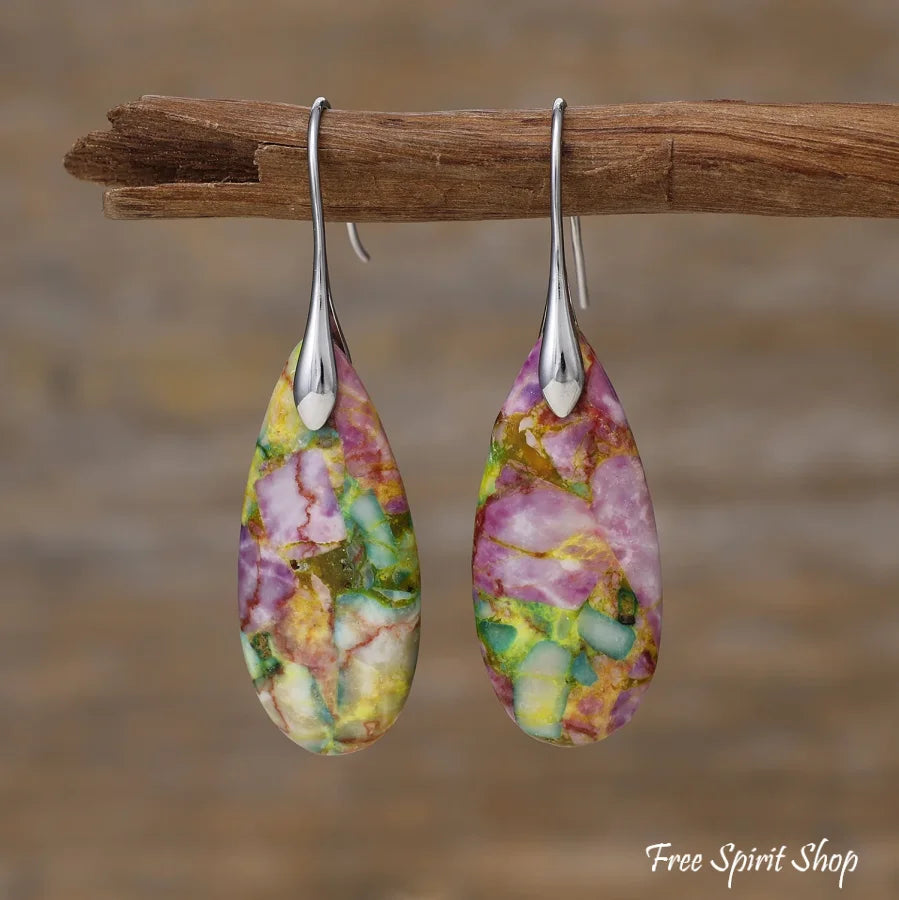 Spring Imperial Jasper Teardrop Earrings - Spring Silver