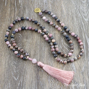 108 Pink & Black Rhodochrosite Tassel Mala Bead Necklace Jewelry > Gemstone
