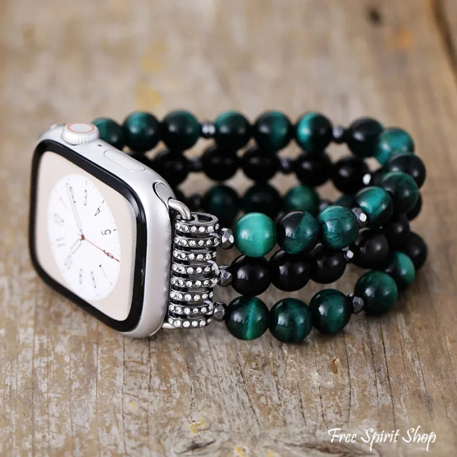 Green Tiger Eye & Black Onyx Bead Apple Watch Band Smartwatch / Strap > Gemstone Beaded